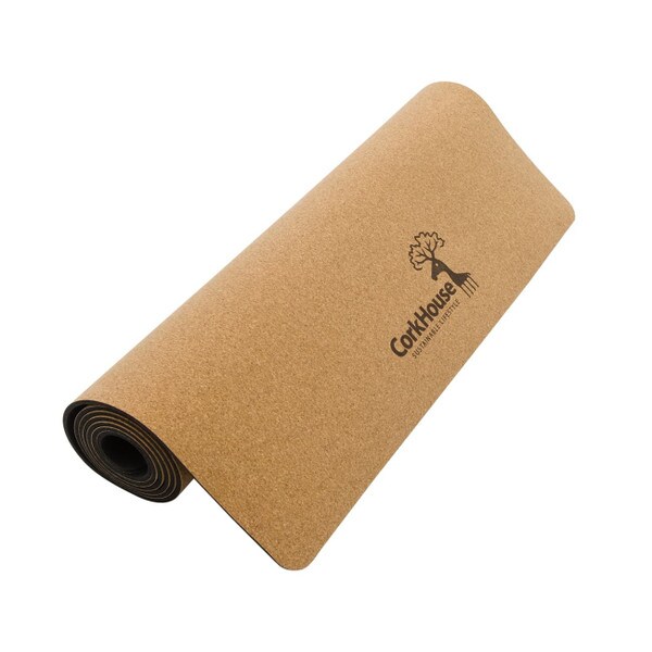 A rolled cork and natural rubber yoga mat featuring the corkhouse logo on the cork top.